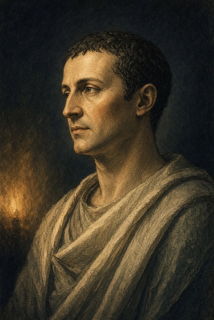 A Roman man of middle age in a plain undyed toga, a lamp burning low behind him in the dark.