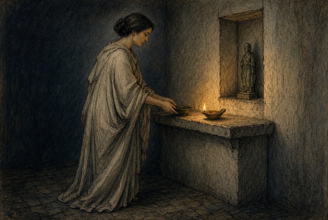 A woman in a plain stola placing a small offering at a household shrine by lamplight.