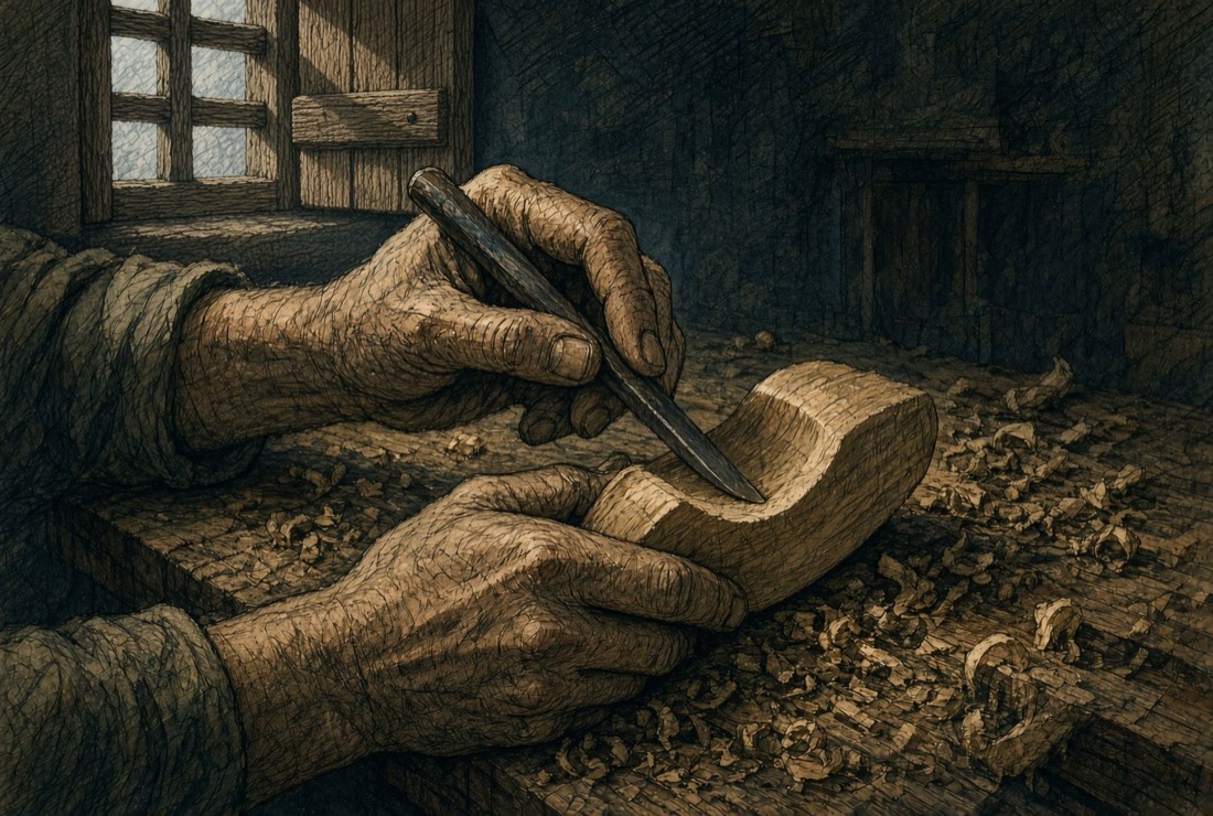 A pair of weathered hands shaping wood with an iron tool on a bench strewn with shavings.