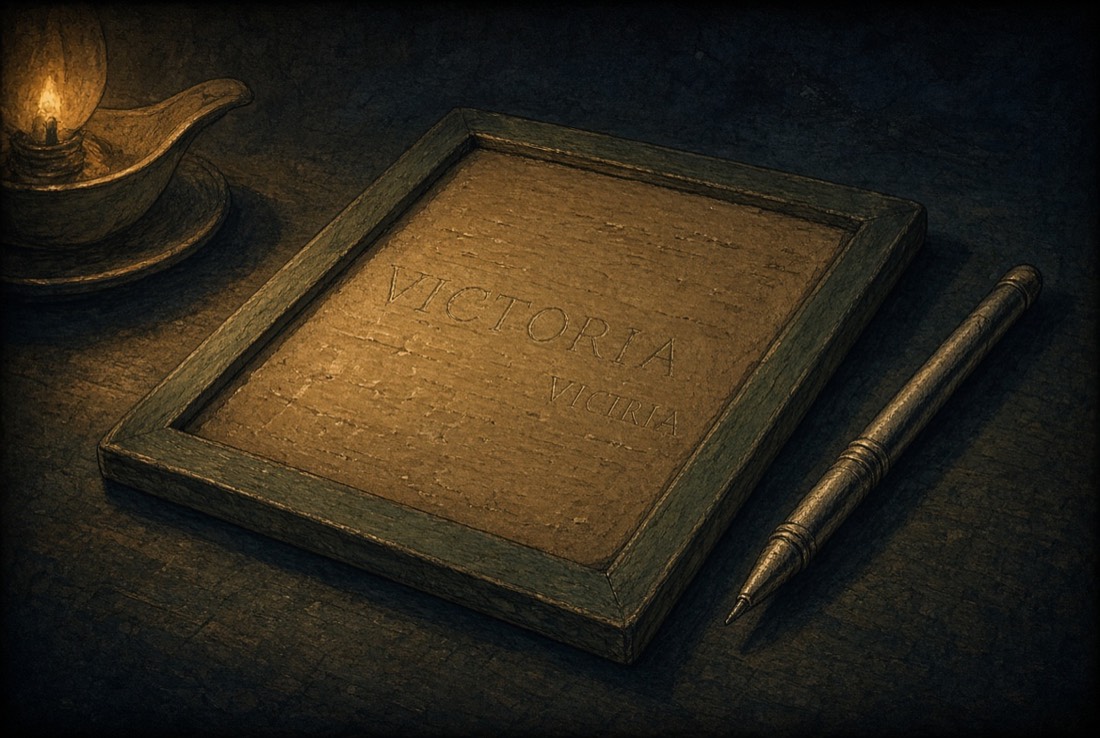 A wax tablet covered in small cursive writing, a bronze stylus beside it, lit by one clay lamp.