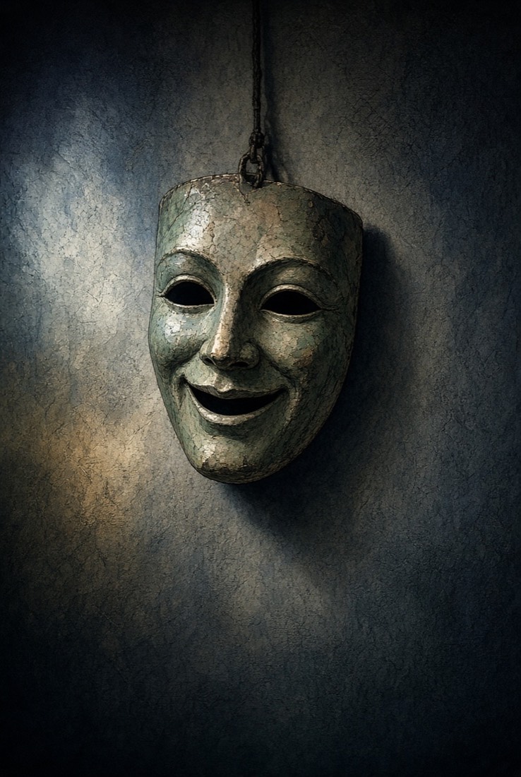A smiling theatrical mask hanging on a bare wall, its eye holes completely black.